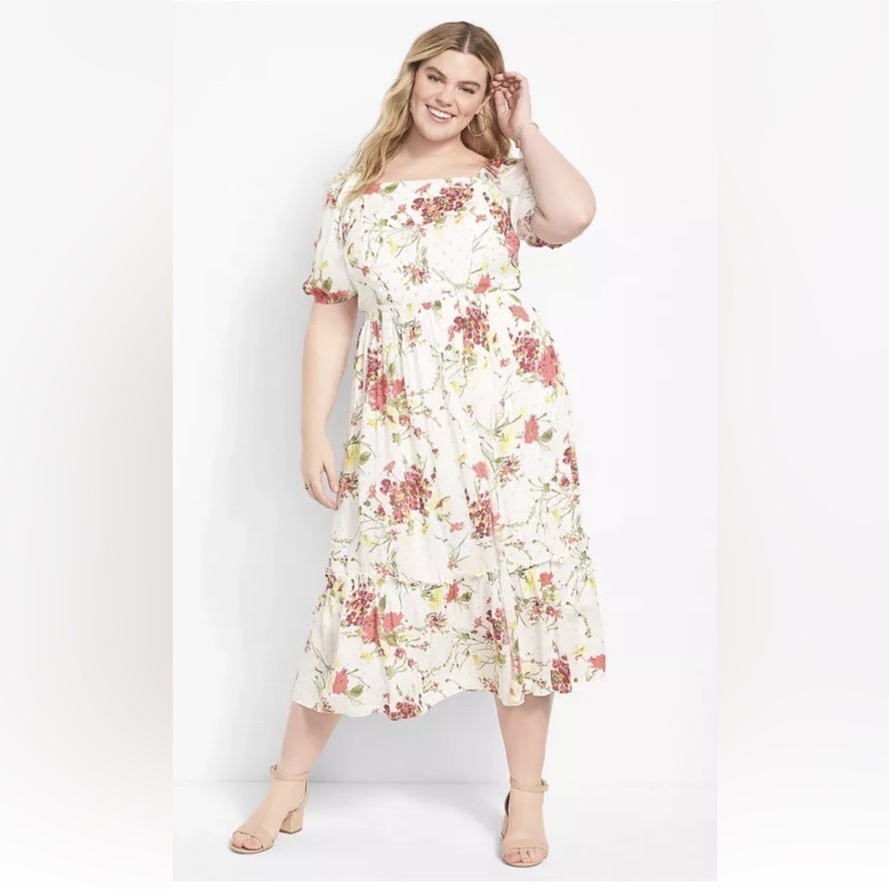 NWT Lane Bryant Floral Off The Puff Shoulder Dress 18 LONG Midi Plus Size